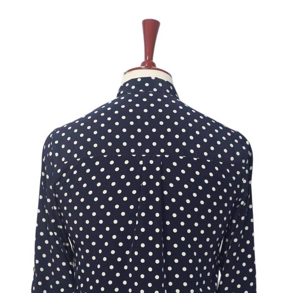 Womens Silky Satin Shirt Blue Polka Dot Blouse Button Up Dressy Top Medium Work - Picture 6 of 7